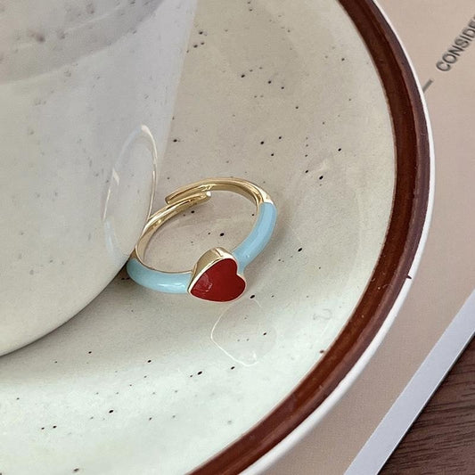 Blue Band and Red Heart Enamel Ring